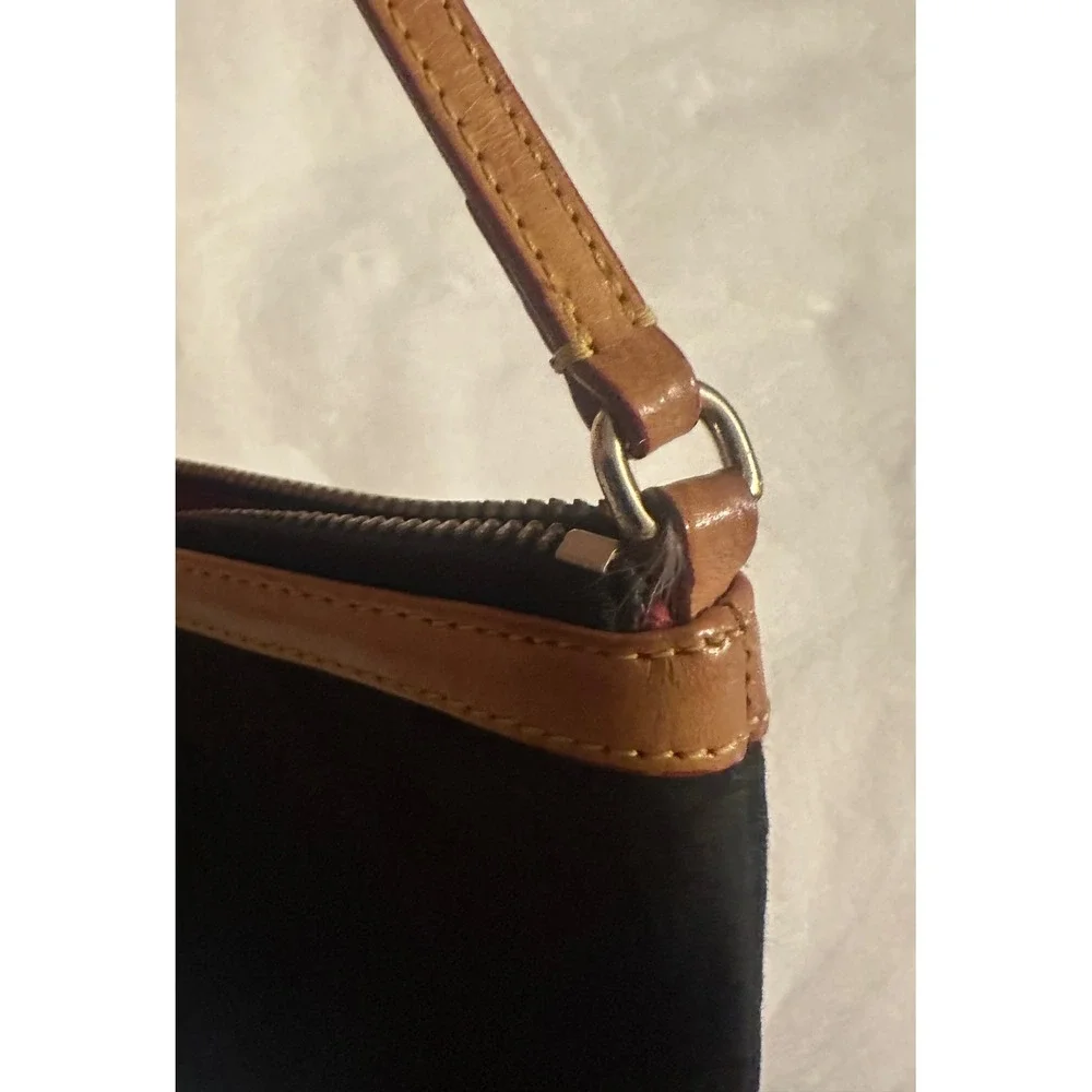 Dooney & Bourke Black Monogram Canvas Wristlet Pouch Tan Leather Trim Red Lining